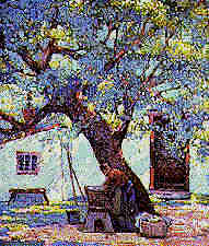 [oil of tree by house]